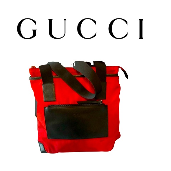 GUCCI Red Canvas and Black Leather Tote - Picture 1 of 6